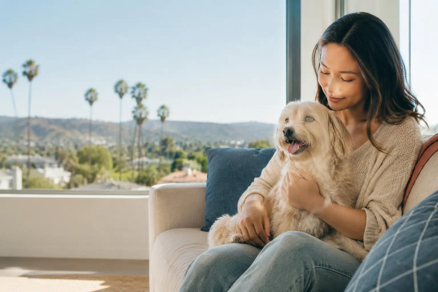 A California renter relaxing at home with her emotional support dog